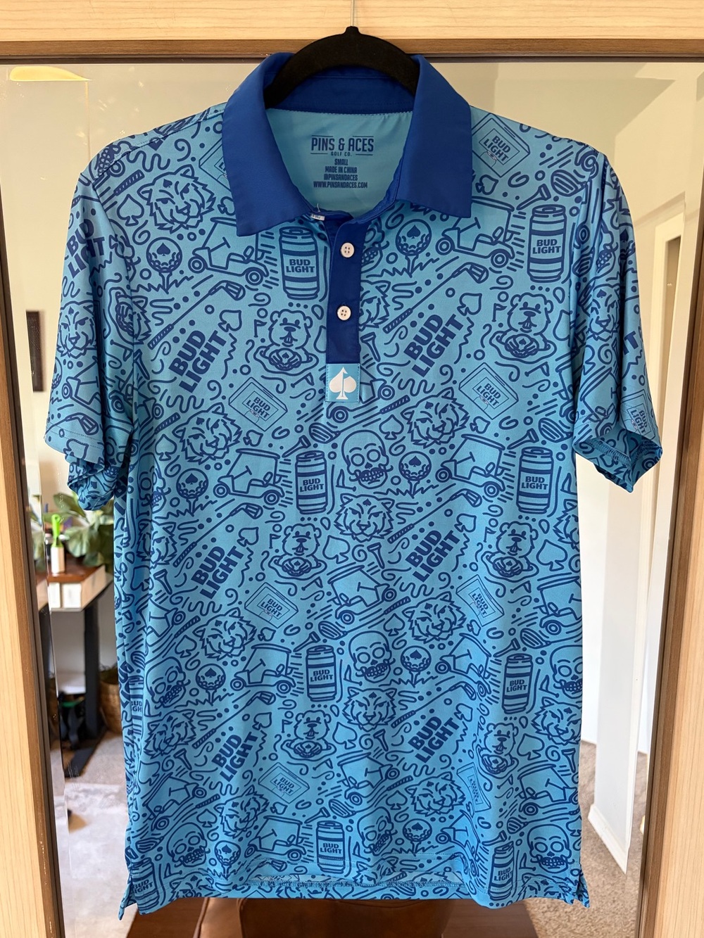 Pins & Aces polo shirt blue color doodle pattern Bud Light Small S Men’s